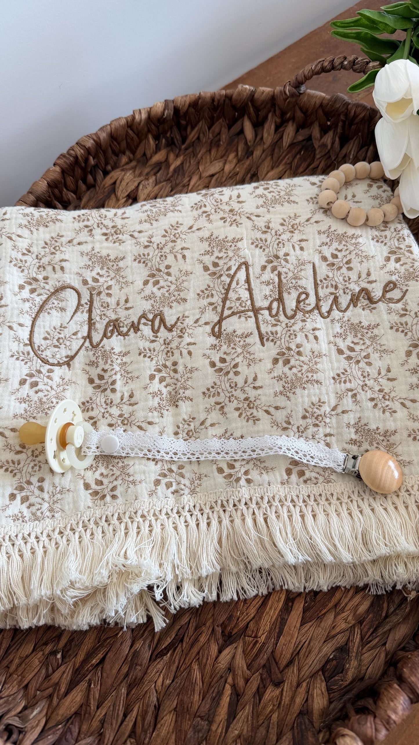 Personalized Muslin Baby Blanket – Vintage Rose Print, Embroidered Name Keepsake