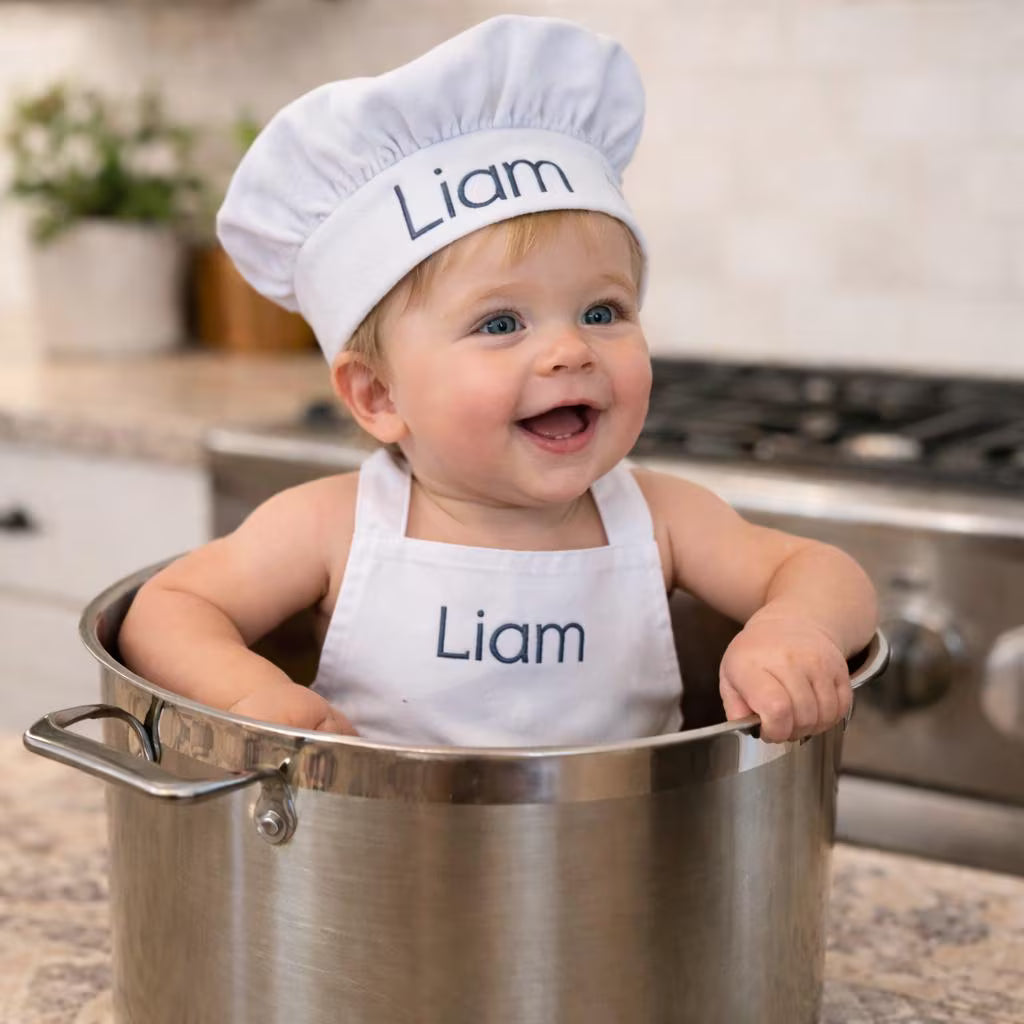 Embroidered Toddler Chef Hat and Apron Set, Personalized Play Kitchen Wear