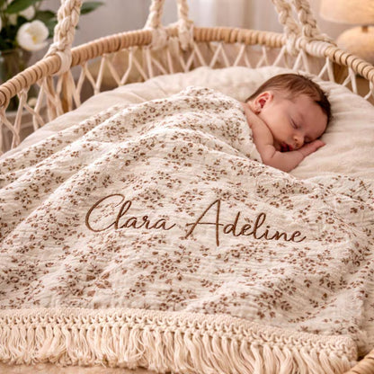 Personalized Muslin Baby Blanket – Vintage Rose Print, Embroidered Name Keepsake