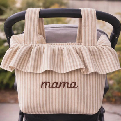 Personalized Ruffle Stroller Caddy Bag | Latte Stripe Mama Tote Organizer
