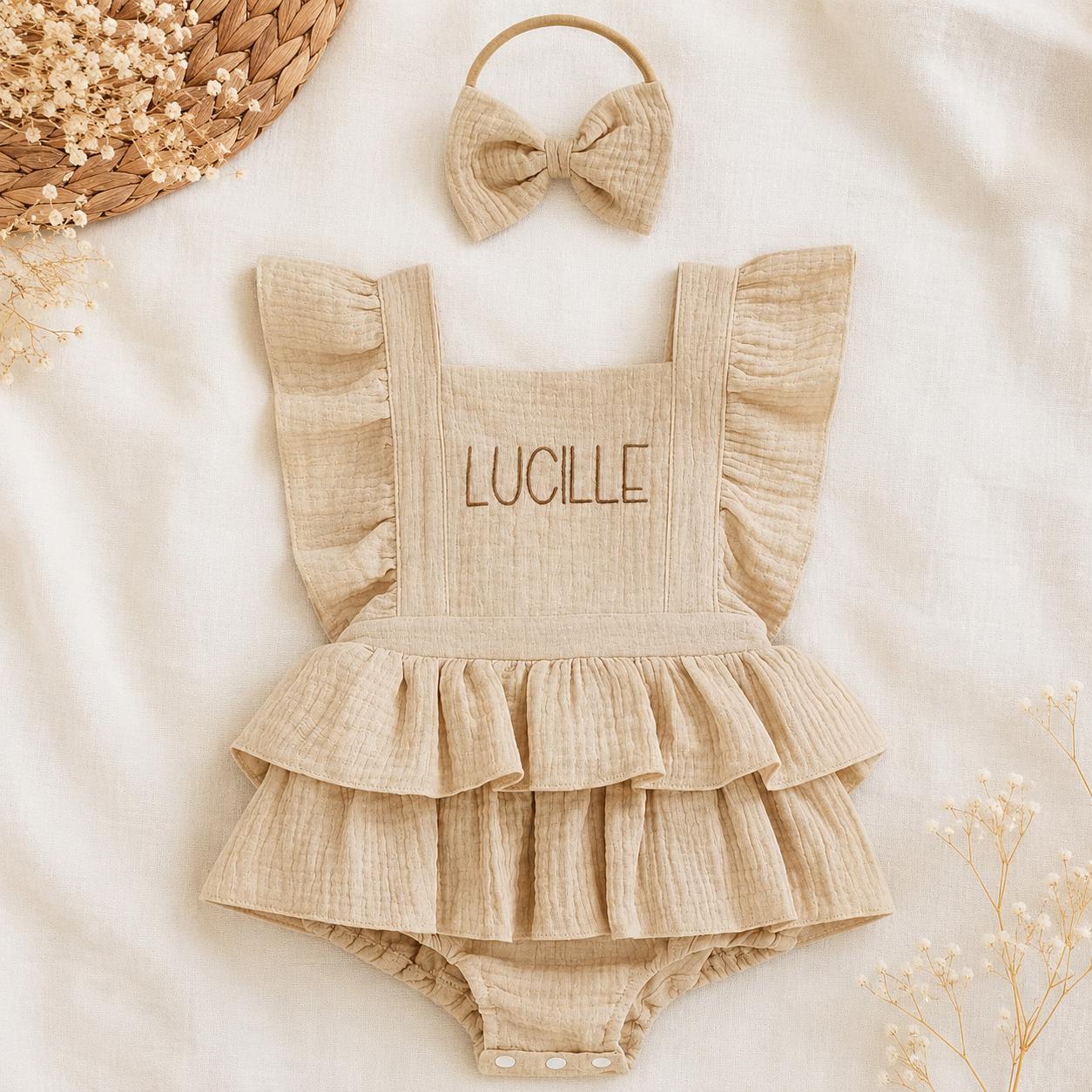 Personalized Muslin Ruffle Romper & Bow Headband Set