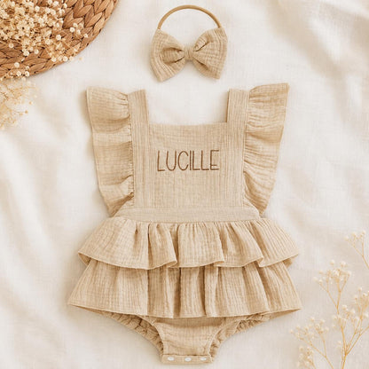 Personalized Muslin Ruffle Romper & Bow Headband Set