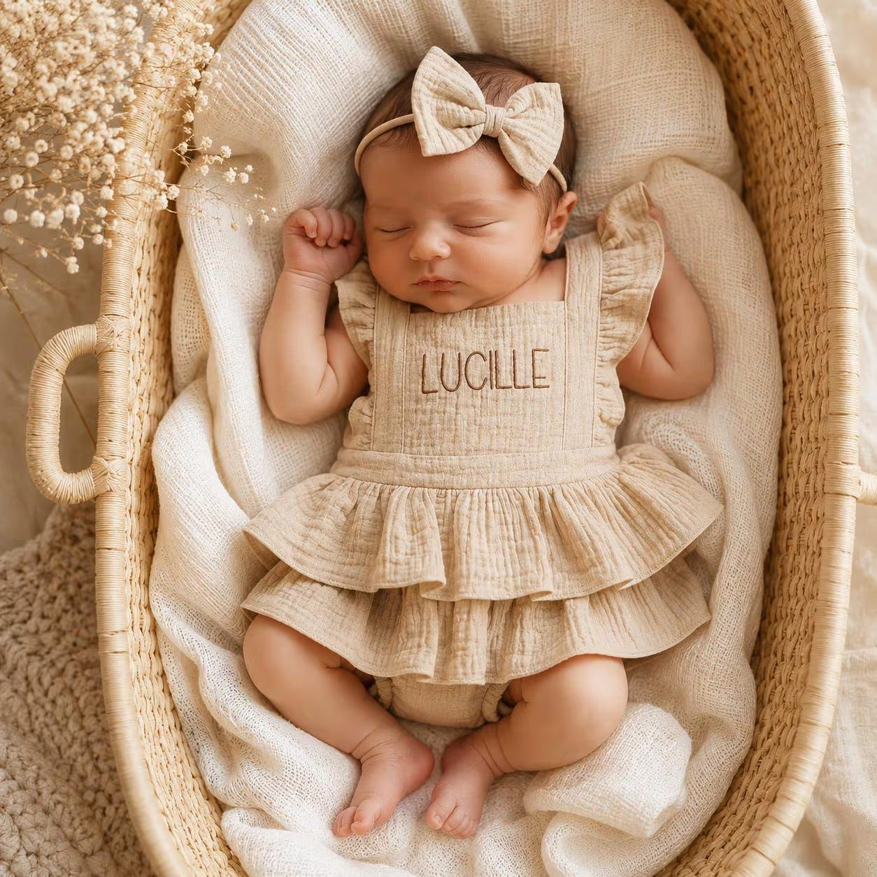 Personalized Muslin Ruffle Romper & Bow Headband Set