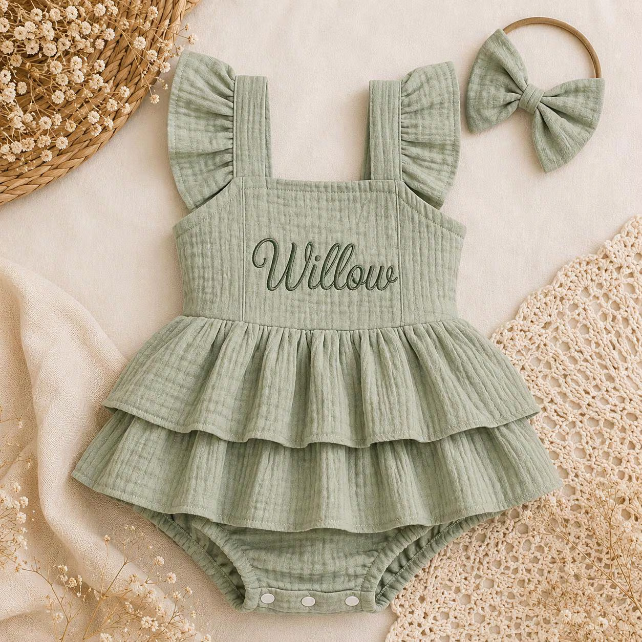 Personalized Muslin Ruffle Romper & Bow Headband Set