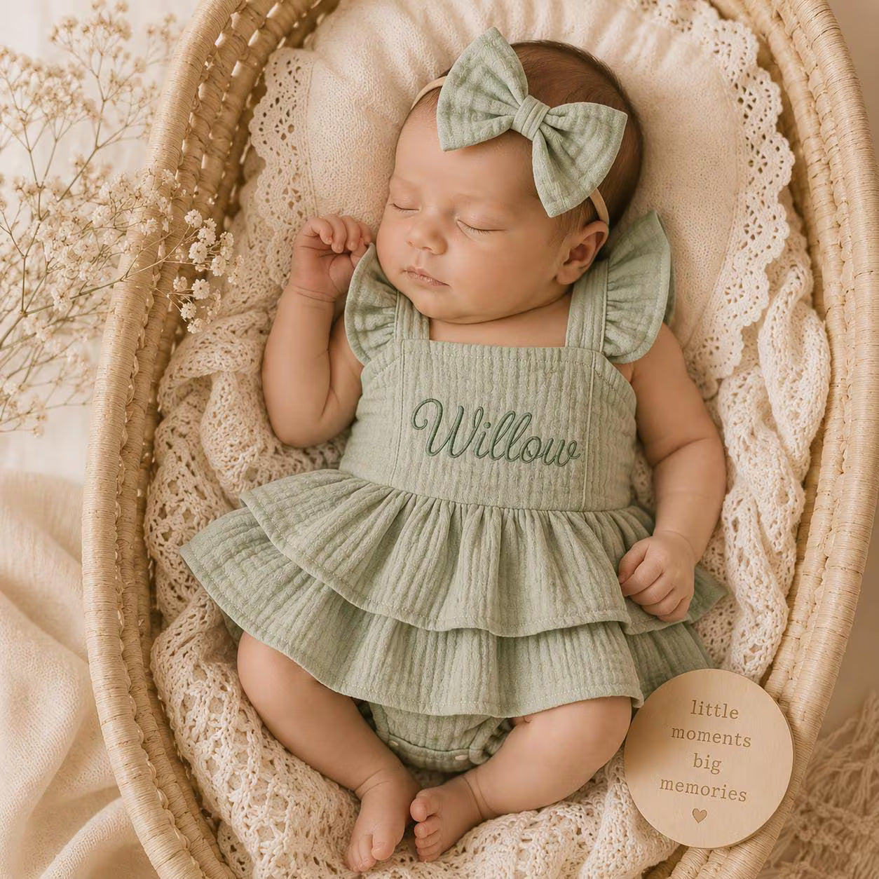 Personalized Muslin Ruffle Romper & Bow Headband Set