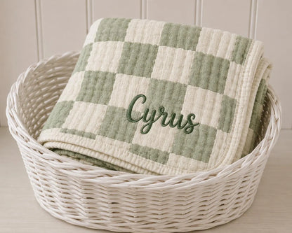 Personalized Sage Muslin Baby Blanket