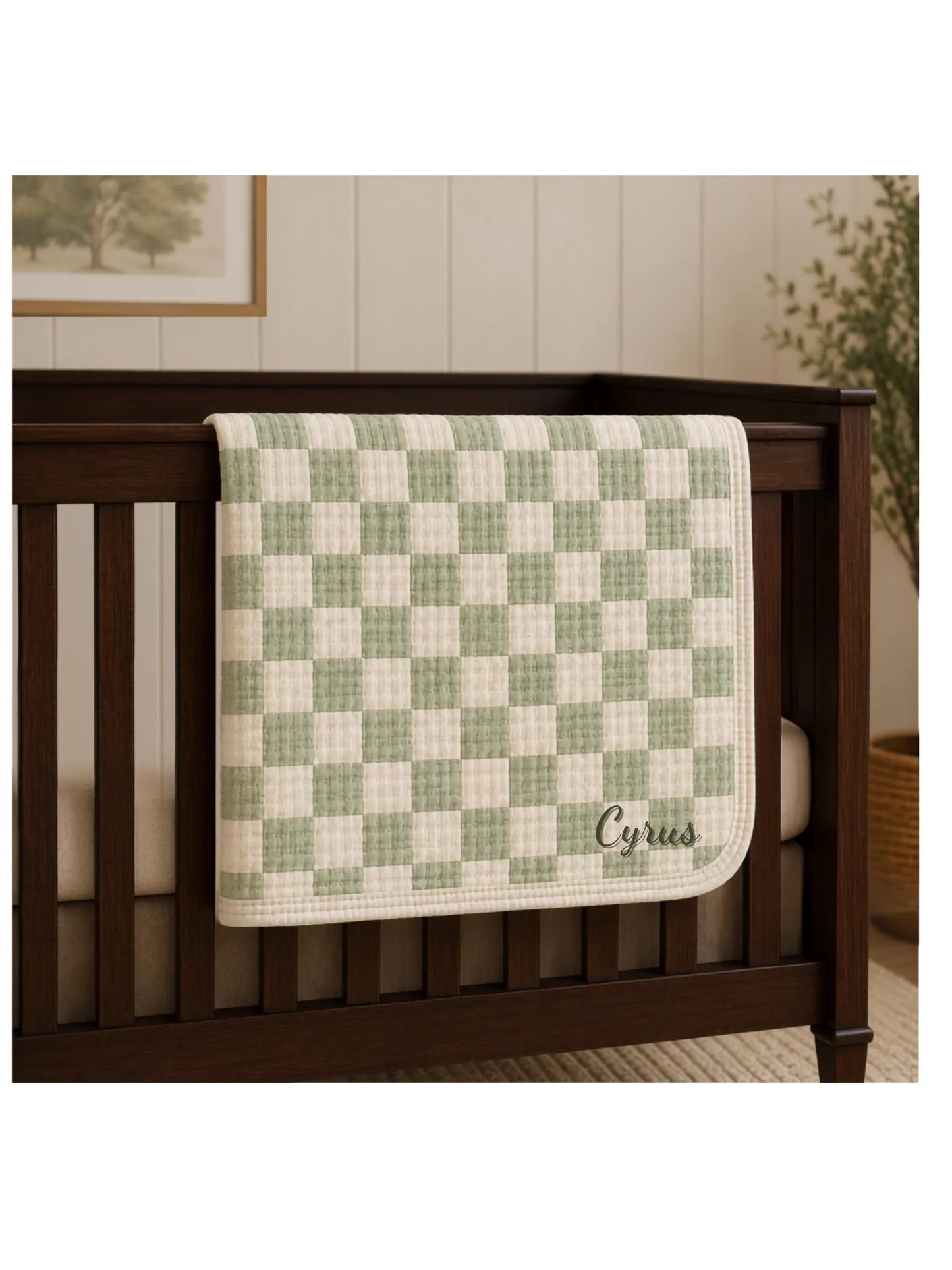 Personalized Sage Muslin Baby Blanket