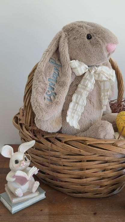 Large Mocha Easter Bunny with Latte Gingham Scarf - Personalized