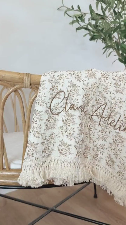 Personalized Muslin Baby Blanket – Vintage Rose Print, Embroidered Name Keepsake