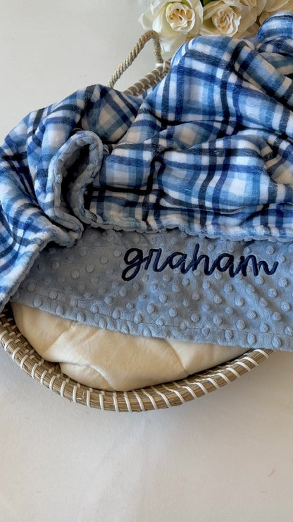 Blue Gingham Minky Baby Blanket - Baby Boy Gift - Plaid Personalized Baby Shower Gift