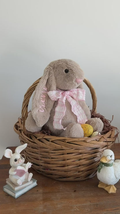 Large Mocha Easter Bunny with Pink Gingham Scarf - Personalized