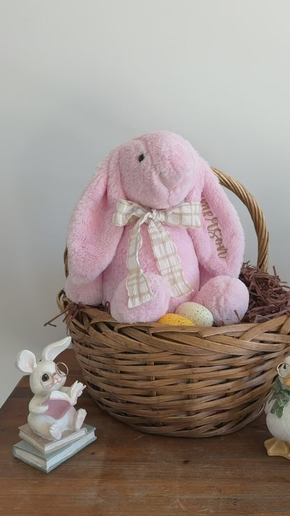 Large Pink Easter Bunny with Latte Gingham Scarf - Personalized