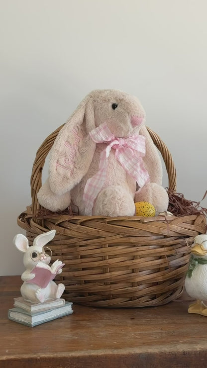 Large Latte Easter Bunny with Pink Gingham Scarf - Personalized