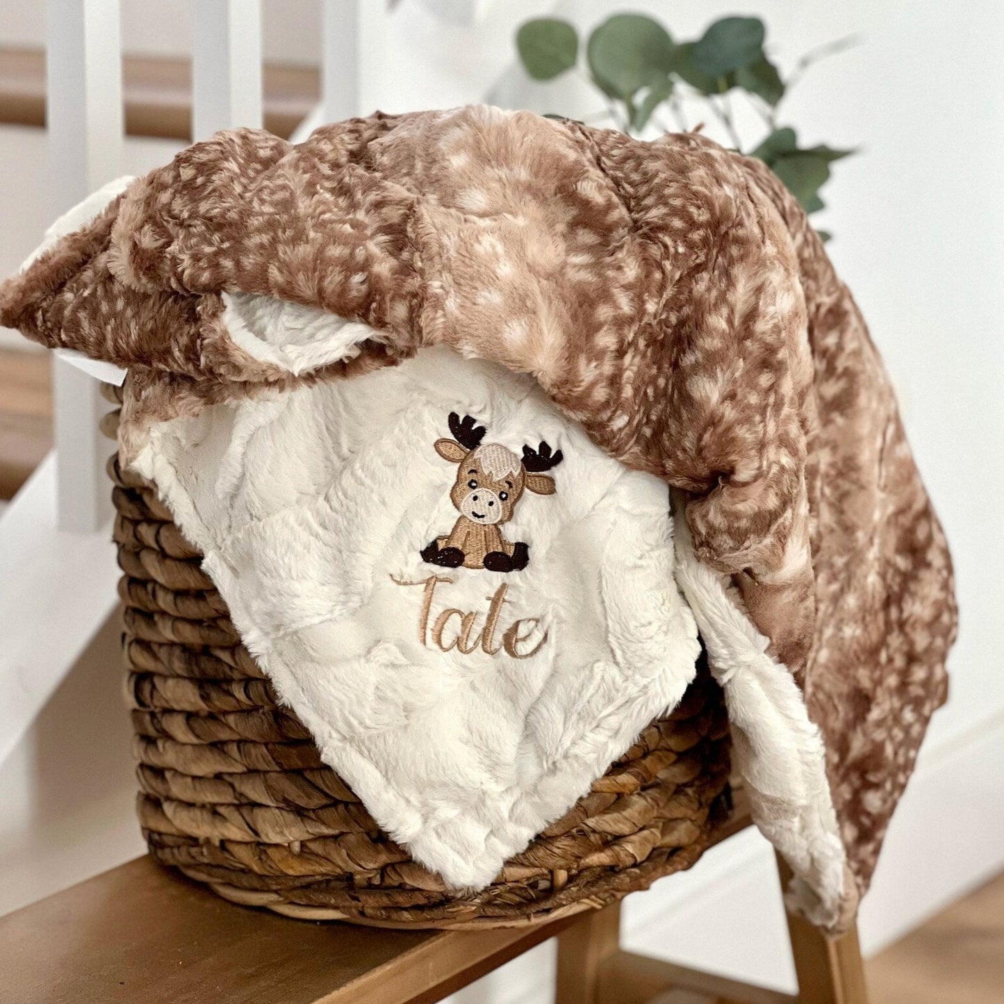 Embroidered Deer Brown Fawn Minky Baby Blanket Boho Nursery