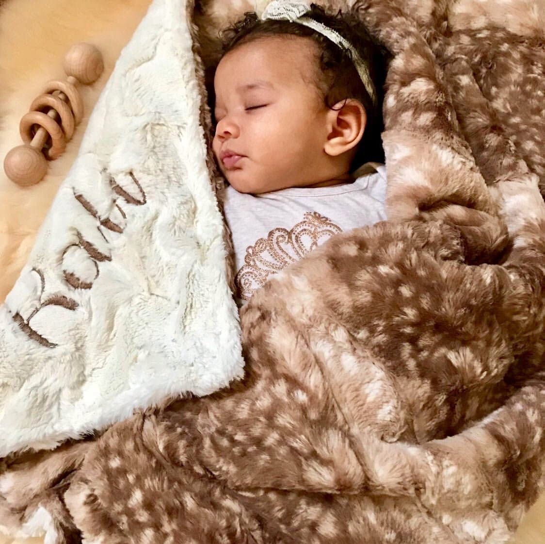 Brown Fawn Woodland Minky Baby Blanket - Personalized