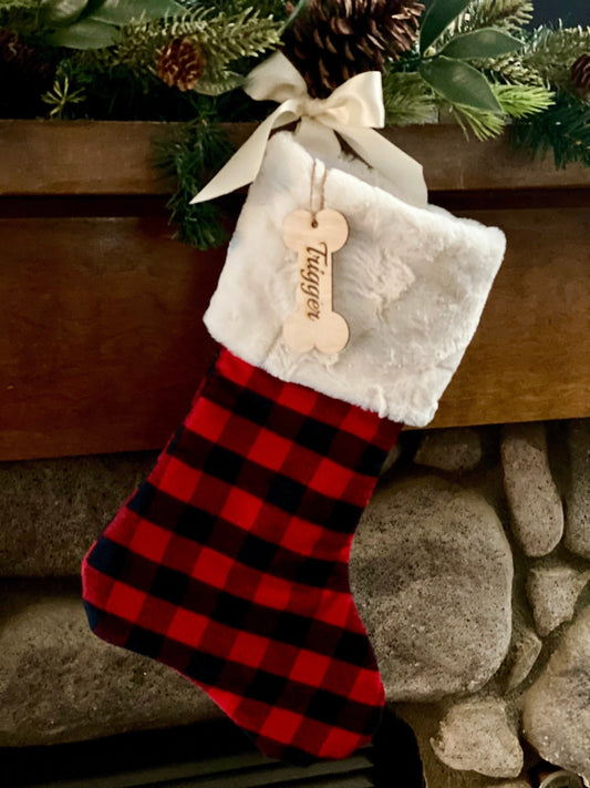 Puppy Dog Bone Buffalo Check Plaid Christmas Stocking - Personalized