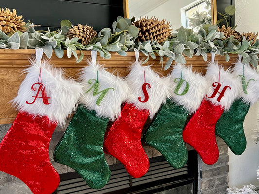 Red and Green Sequin Christmas Stocking - Personalized