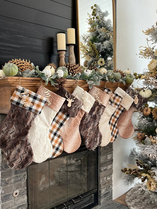 Plaid Brown and Ivory Fawn Christmas Stocking - Personalized