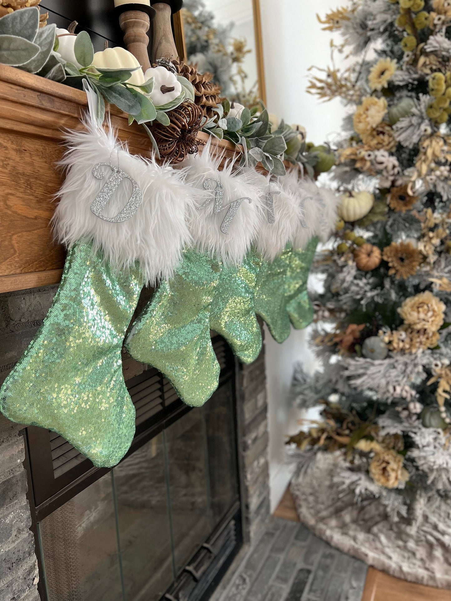 Mint Sparkle Sequins Christmas Stocking - Personalized
