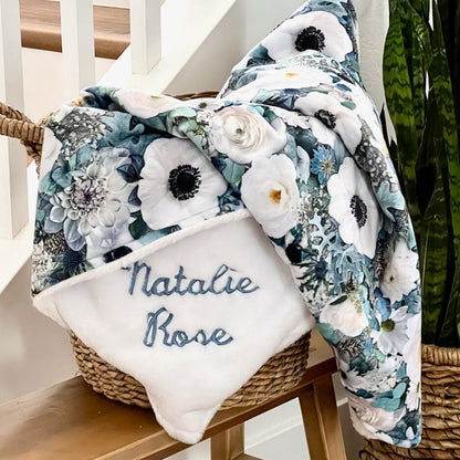 Blooming Buds Floral White Seal Minky Baby Blanket - Personalized