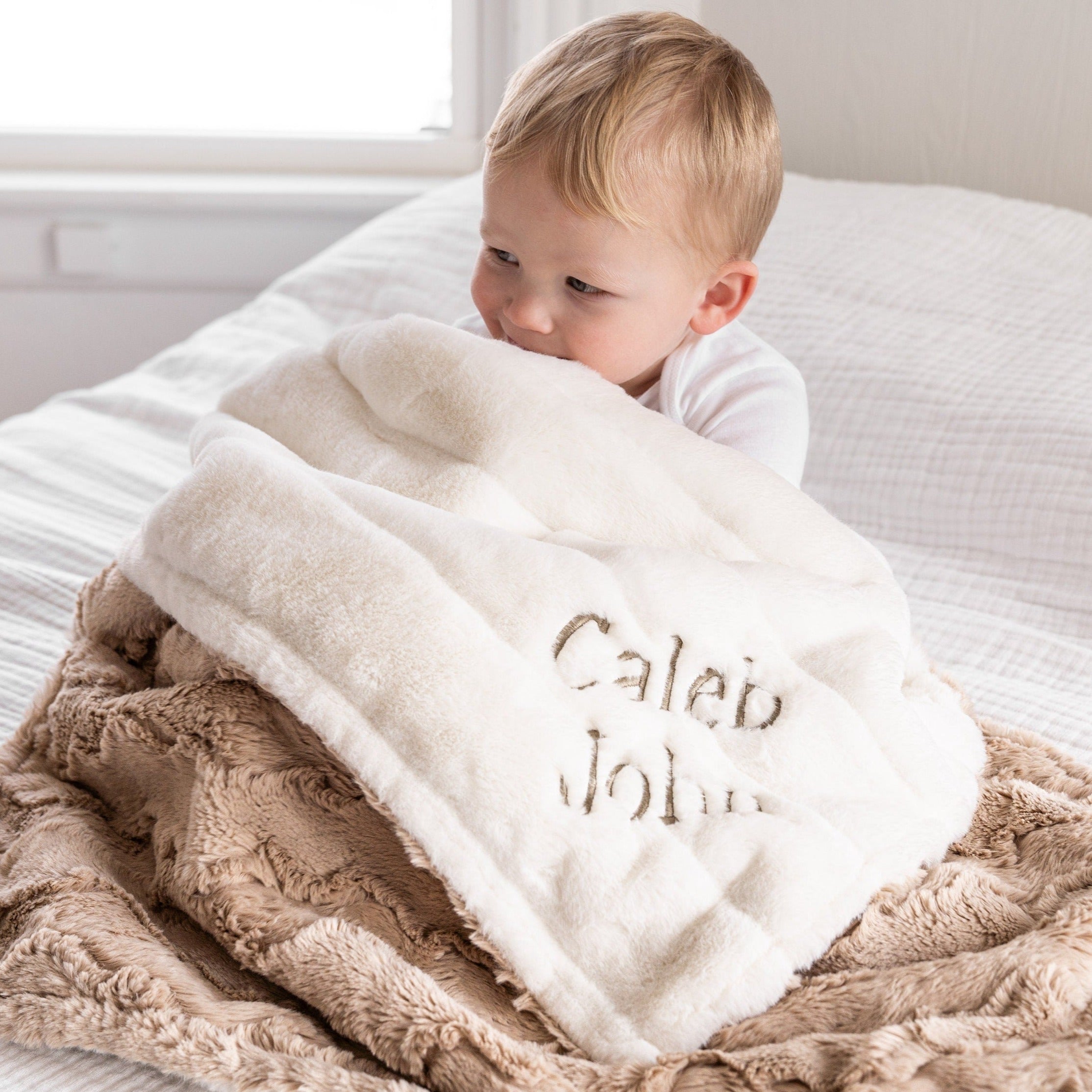 Latte Glacier and Sydney Natural Minky Baby Blanket Personalized