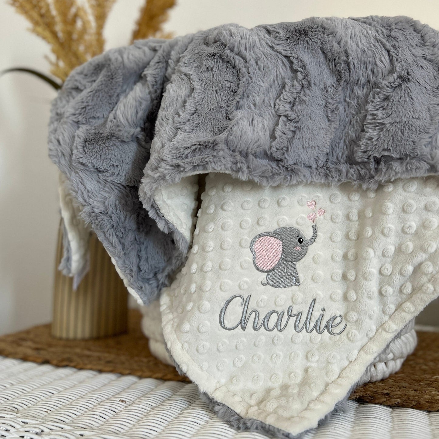 Embroidered Elephant Silver Glacier Minky Baby Blanket - Personalized