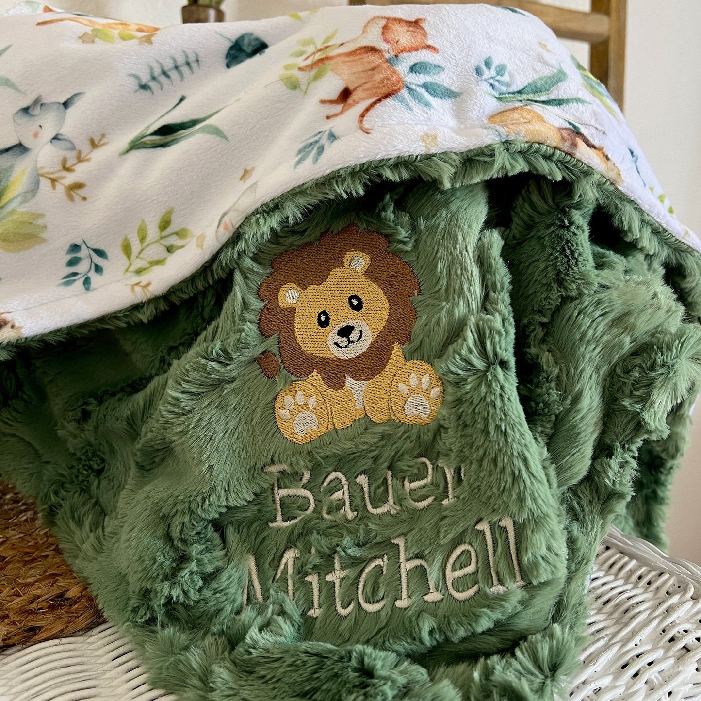 Embroidered Lion Safari Minky Baby Blanket - Personalized