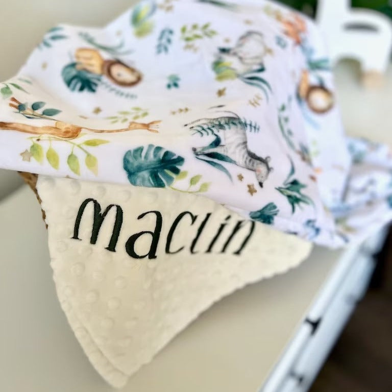 Embroidered Lion Safari Minky Baby Blanket - Personalized